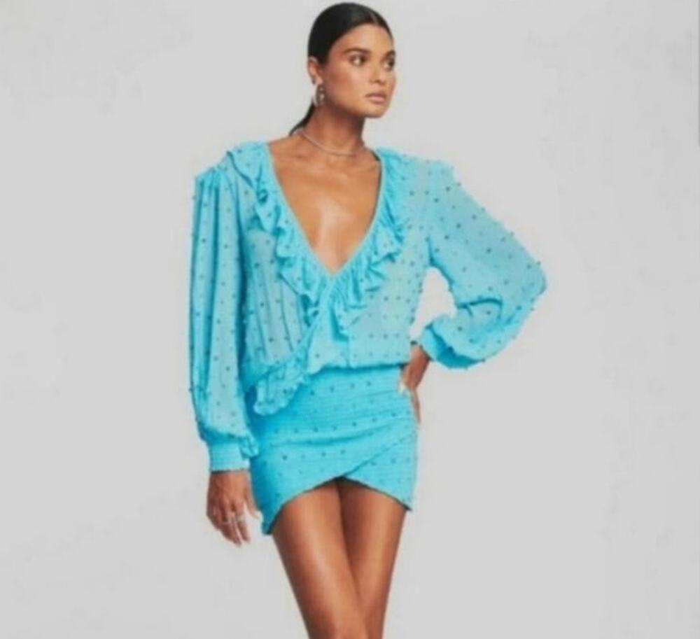 Retrofete Lennon Embellished Silk Chiffon Dress in Blue Size Small NWT Crystal